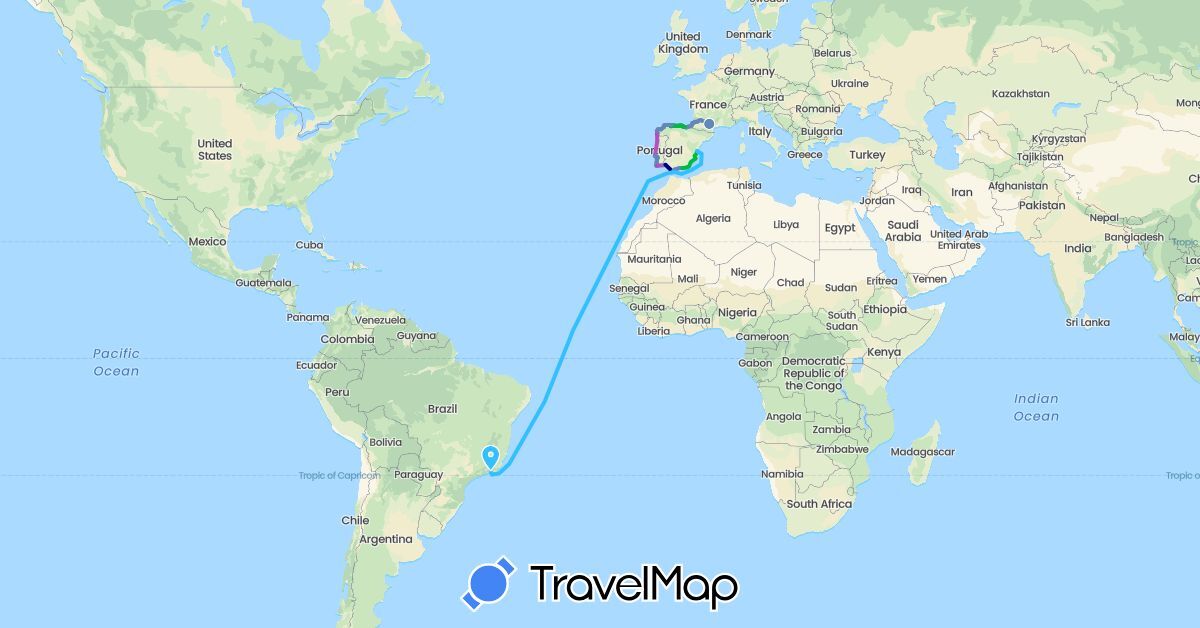 TravelMap itinerary: driving, bus, cycling, train, boat in Brazil, Spain, France, Portugal (Europe, South America)